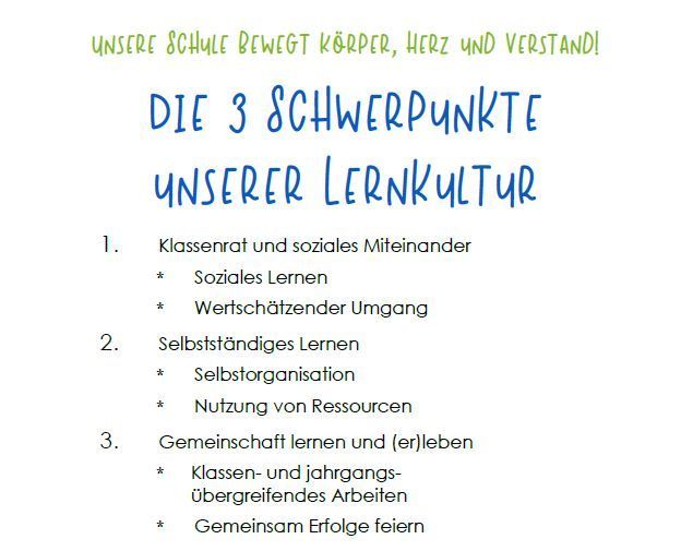 Das Bild zeigt ein Plakat mit dem Titel 'Die 3 Schwerpunkte unserer Lernkultur'. Es listet drei Hauptpunkte auf: 1) Klassenaktivitäten und sozialer Umgang, 2) Selbstständiges Lernen mit Selbstorganisation und Ressourcennutzung und 3) Gemeinschaftliches Lernen und Erleben von Klassen- und Jahrgangsübergreifenden Projekten.