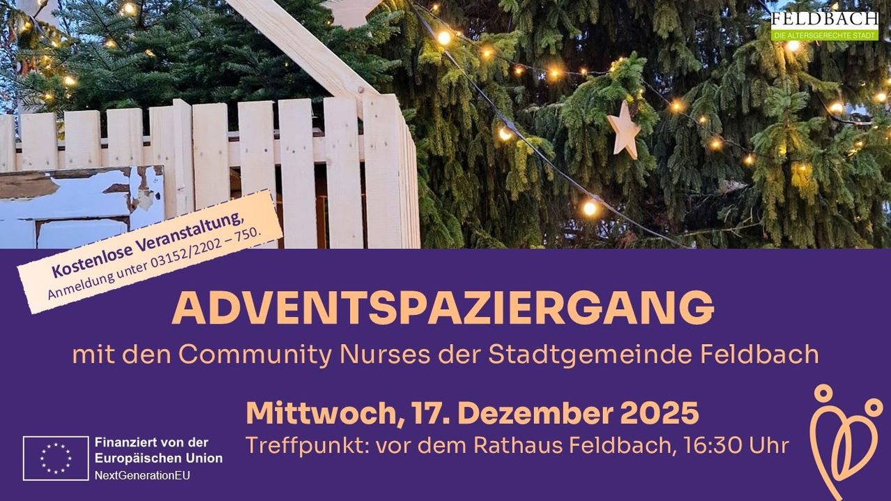 Ein Poster bewirbt einen Adventspaziergang am Mittwoch, 17. Dezember 2025, organisiert von Gemeindekrankenschwestern, mit Treffpunkt vor dem Rathaus Feldbach um 16:00 Uhr.