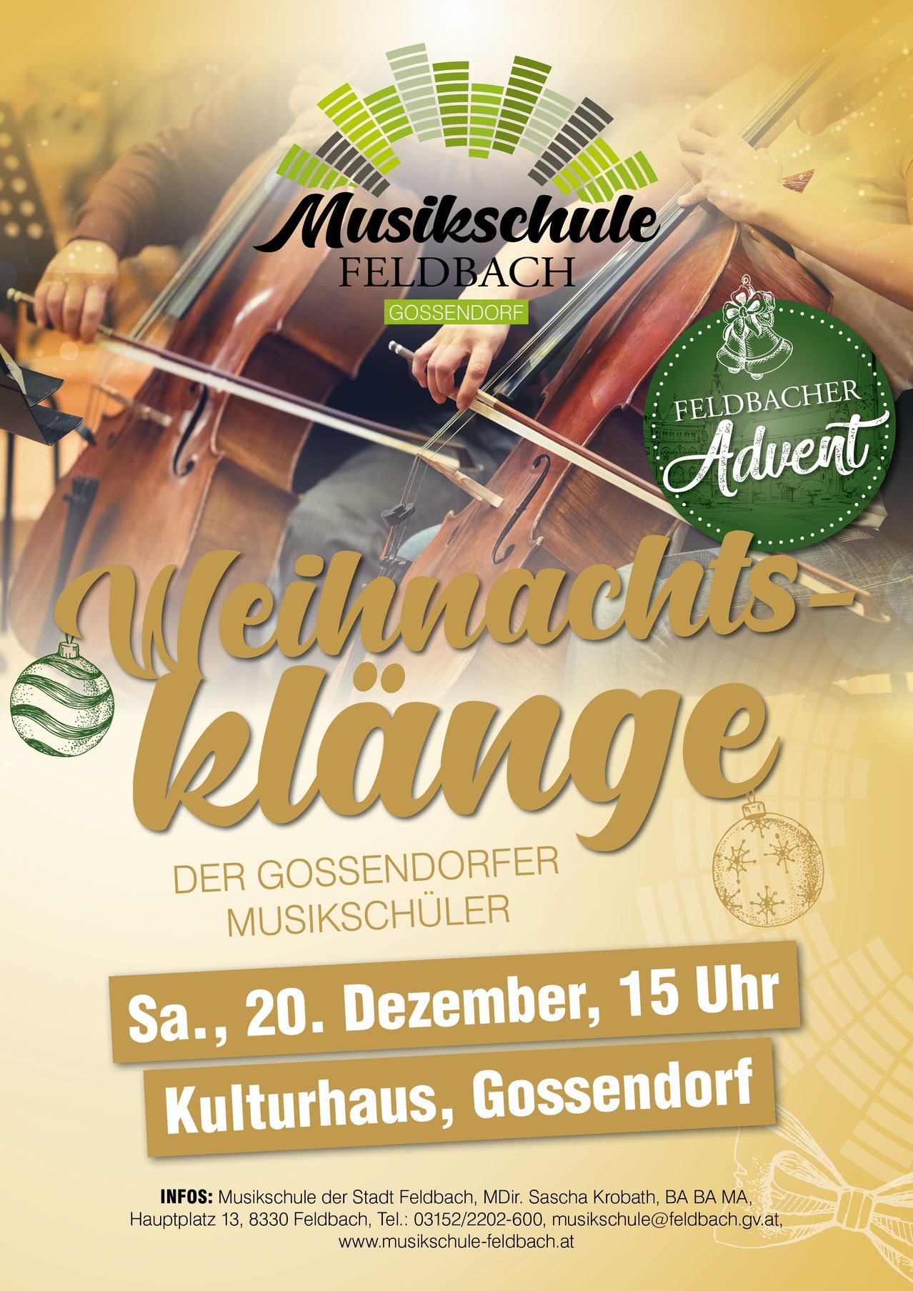Ein Werbeplakat für das Weihnachtsklang-Event der Feldbach Gossendorf Musikschule am 20. Dezember um 15 Uhr im Kulturhaus Gossendorf.