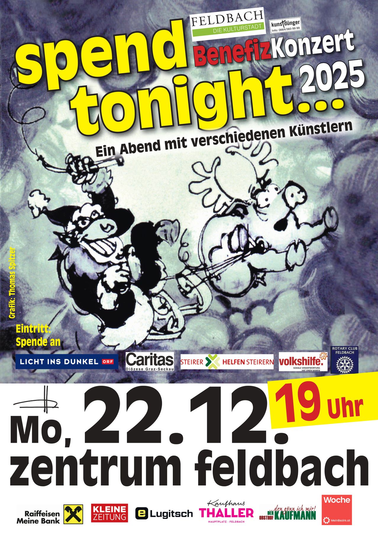 Plakat für eine Wohltätigkeitsveranstaltung heute Abend. Es zeigt eine Zeichnung von zwei Personen, die Instrumente spielen. Das Plakat hat Datum, Uhrzeit und Sponsoren. Der Titel lautet 'Heute Abend...2023'.