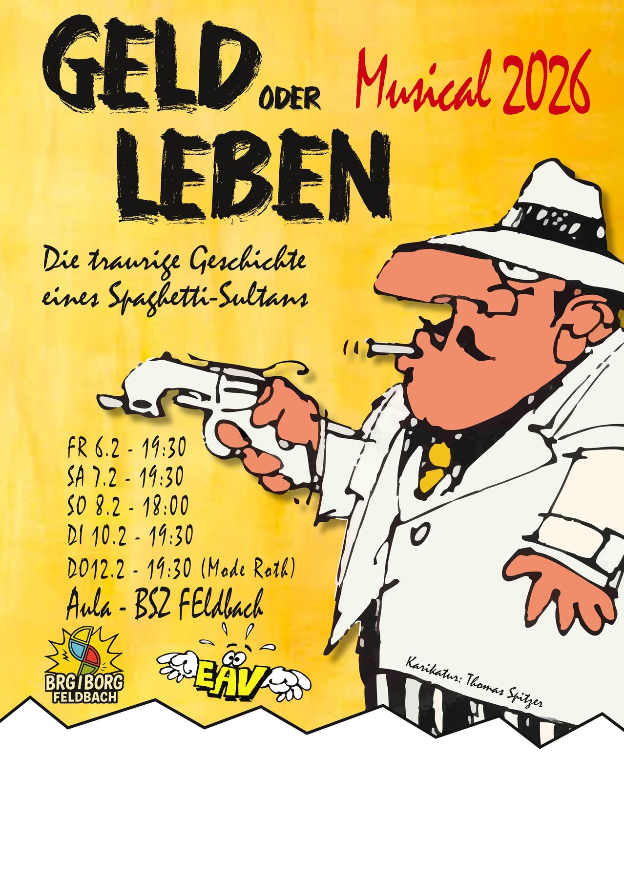 Plakat für eine Theateraufführung mit dem Titel 'Leben', das einen Comic-Charakter in einem Trenchcoat und einer Fedora zeigt, der eine Pistole hält. Unter dem Charakter sind Aufführungsdaten und -orte aufgeführt. Das Plakat wurde von Thomas Spitzer illustriert.