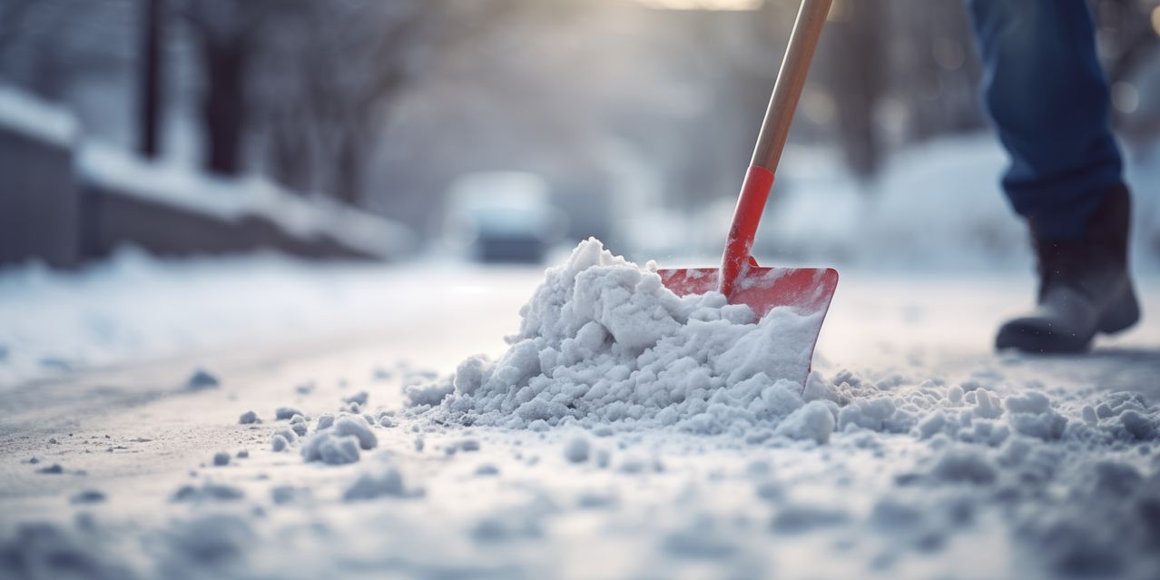 Eine rote Schaufel schaufelt Schnee von einer Straße, die im Winterschnee bedeckt ist, mit Bäumen und geparkten Autos im Hintergrund.