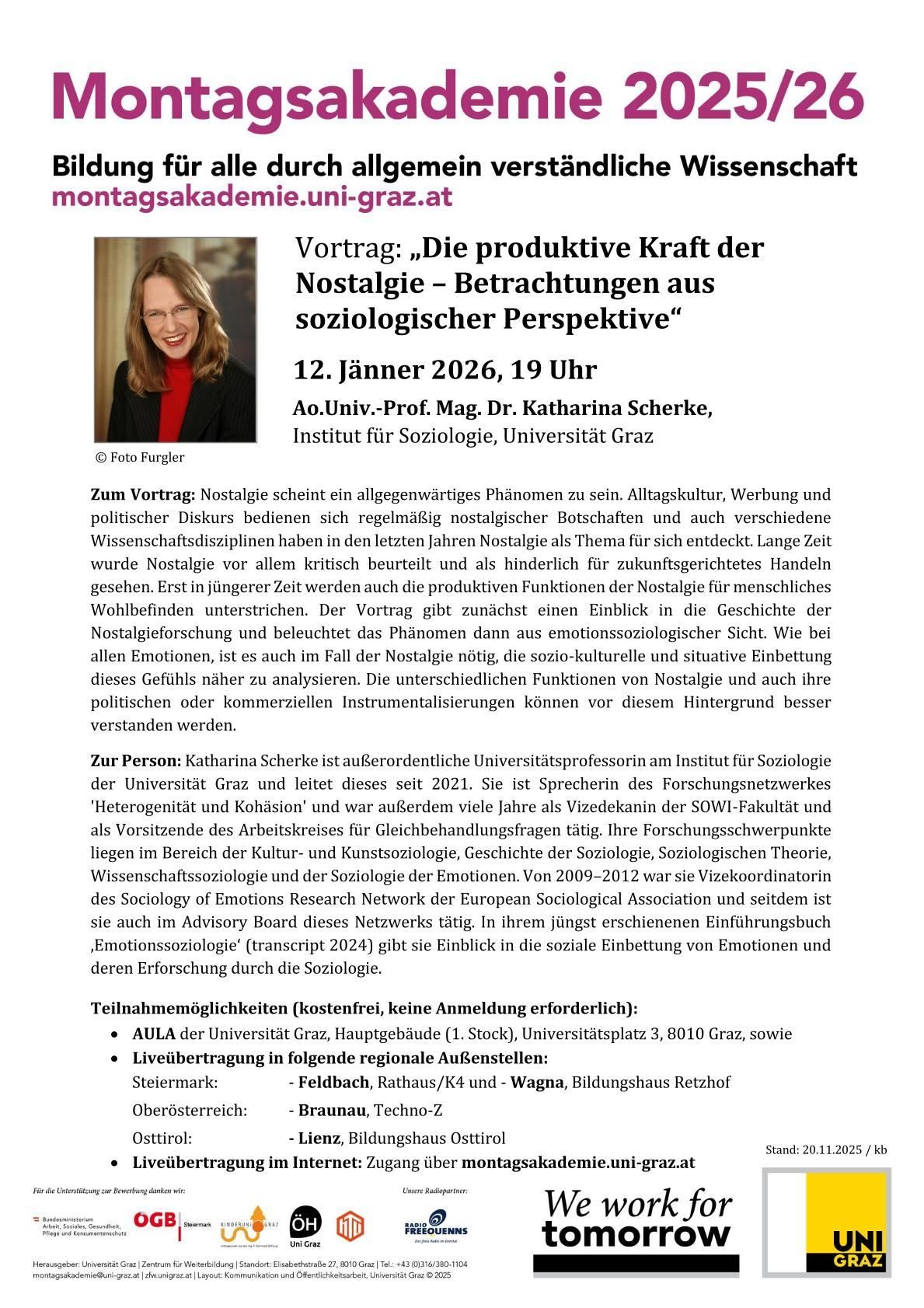 Das Bild zeigt einen Flyer für einen bevorstehenden Vortrag über 'Die produktive Kraft der Nostalgie - Betrachtungen aus soziologischer Perspektive'. Der Vortrag ist für den 12. Jänner 2026 um 19 Uhr geplant. Der Referent ist Mag. Dr. Katharina Scherke, Universitätsprofessorin am Institut für Soziologie der Universität Graz. Der Flyer enthält ein Foto der Referentin und bietet einen kurzen Überblick über den Inhalt des Vortrags.