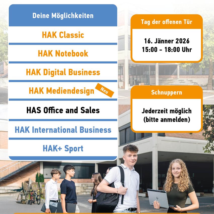 Das Bild zeigt einen Flyer für den 16. Januar 2026, der Studenten einlädt, verschiedene Studienmöglichkeiten an der Universität zu erkunden. Es hebt Programme wie HAW Classic, HAW Notebook und HAW Digital Business hervor. Der Flyer ist vor dem Hintergrund eines Universitätsgebäudes und von Studenten abgebildet.