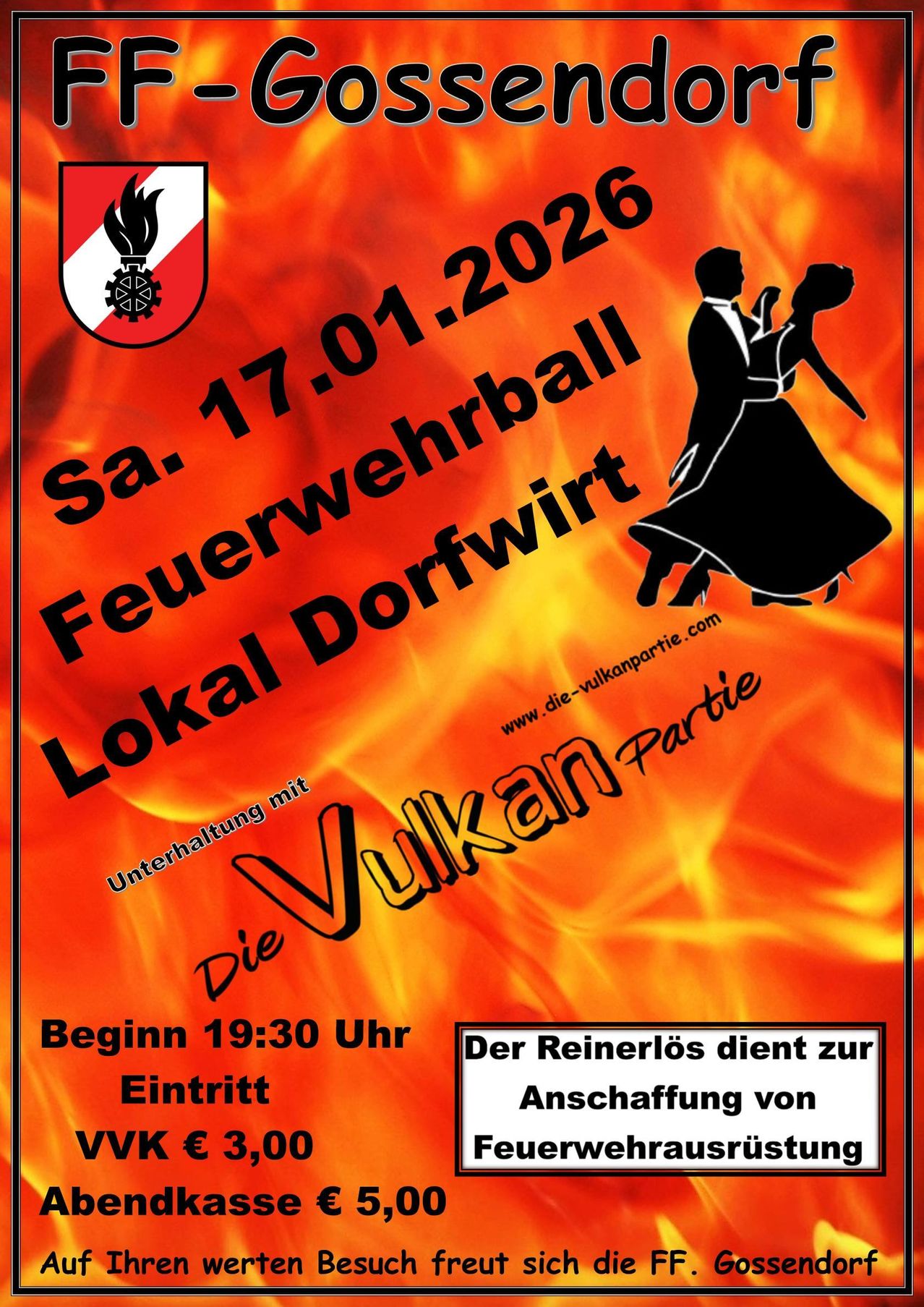 Poster for a local entertainment event. It features a silhouette of a couple dancing and the text reads 'Sa. 17.01.2026 Feuerwehrball Lokal Dorfwirt'. The event starts at 19:30.