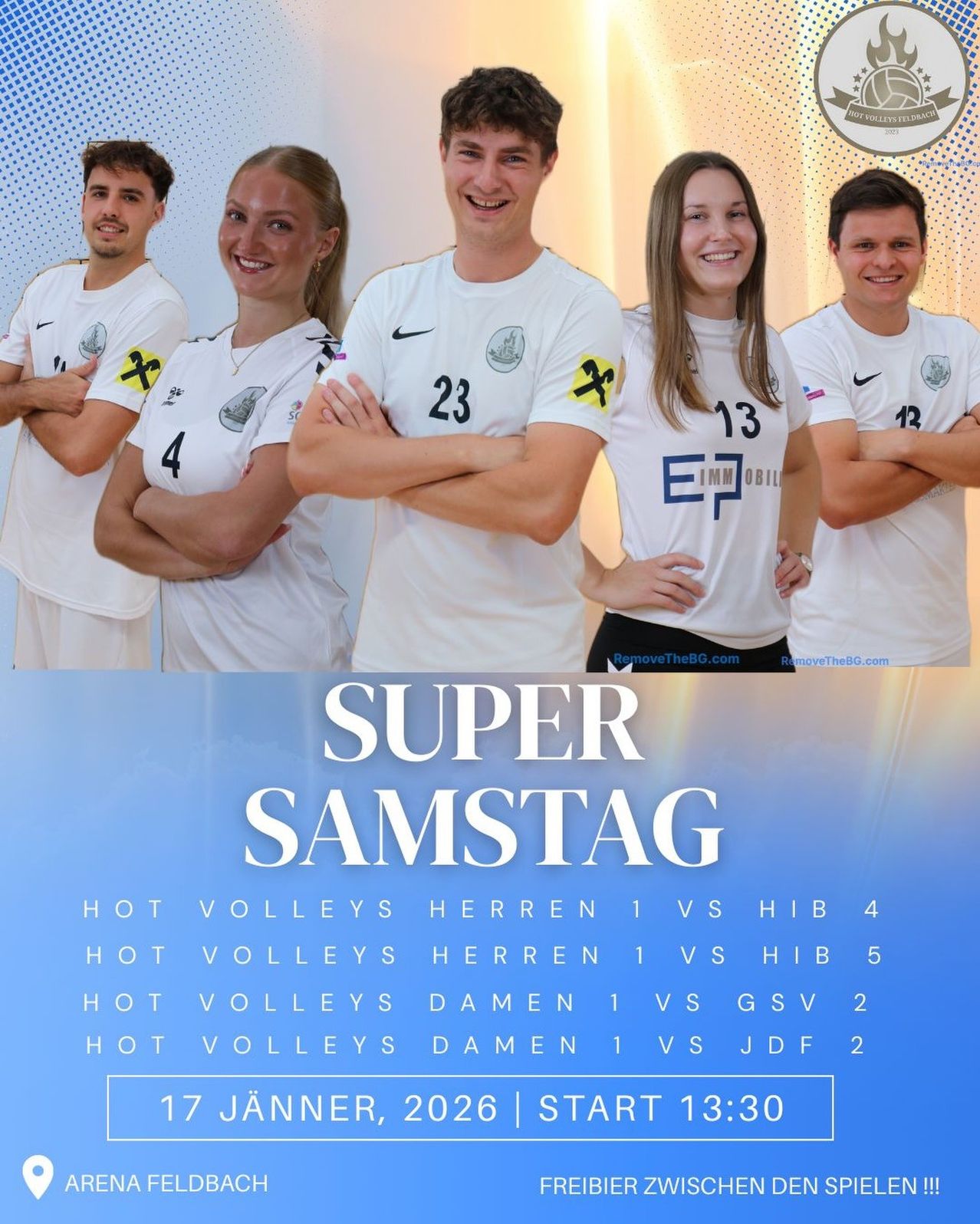 Five individuals in white jerseys stand together for a photo. Four of them are smiling, and one on the left has his arms crossed. The poster advertises a volleyball event with matches between various teams.