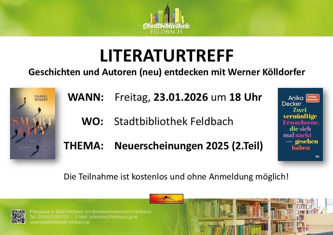 Poster for a literature meeting at the Feldbach City Library. The event will be held on Friday, January 23, 2026, at 6 PM. The theme is New Releases 2025 (Part 2). Participation is free and without registration.