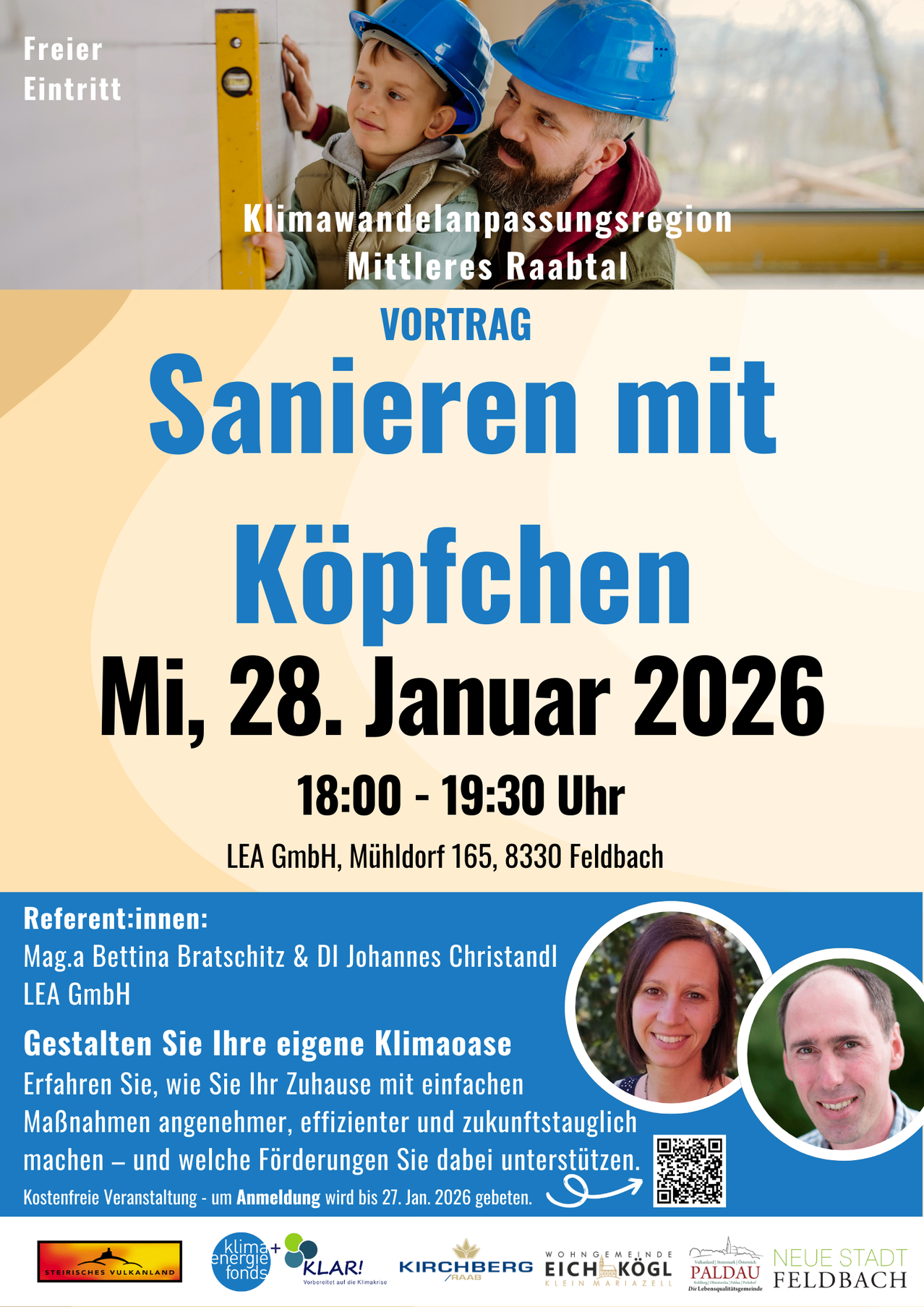 Ein Veranstaltungsplakat für 'Sanieren mit Kopfchen' am 28. Januar 2026 von 18:00 bis 19:30 Uhr. Gehostet von LEA GmbH in Mühldorf 165, 8330 Feldbach. Referenten Bettina Bratschitz und DI Johannes Christandl. Erfahren Sie, wie Sie Ihr Zuhause einfach gestalten können.