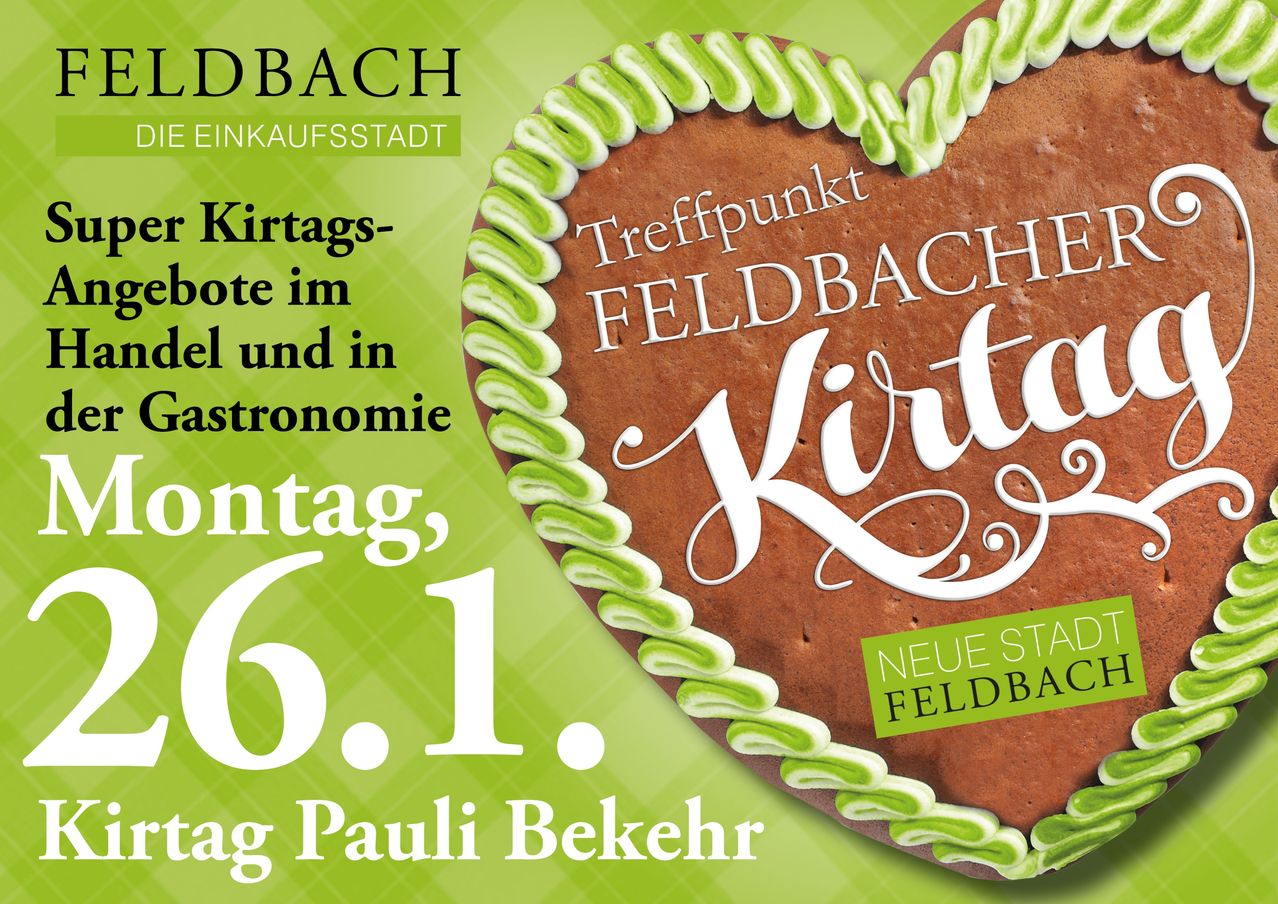 Ein Plakat für einen Laden namens Feldbach, das einen herzförmigen Keks hervorhebt und eine 'Kirtas'-Veranstaltung am 1. Juni ankündigt. Die Veranstaltung bietet Pauli Bekehr und eine neue Stadt.