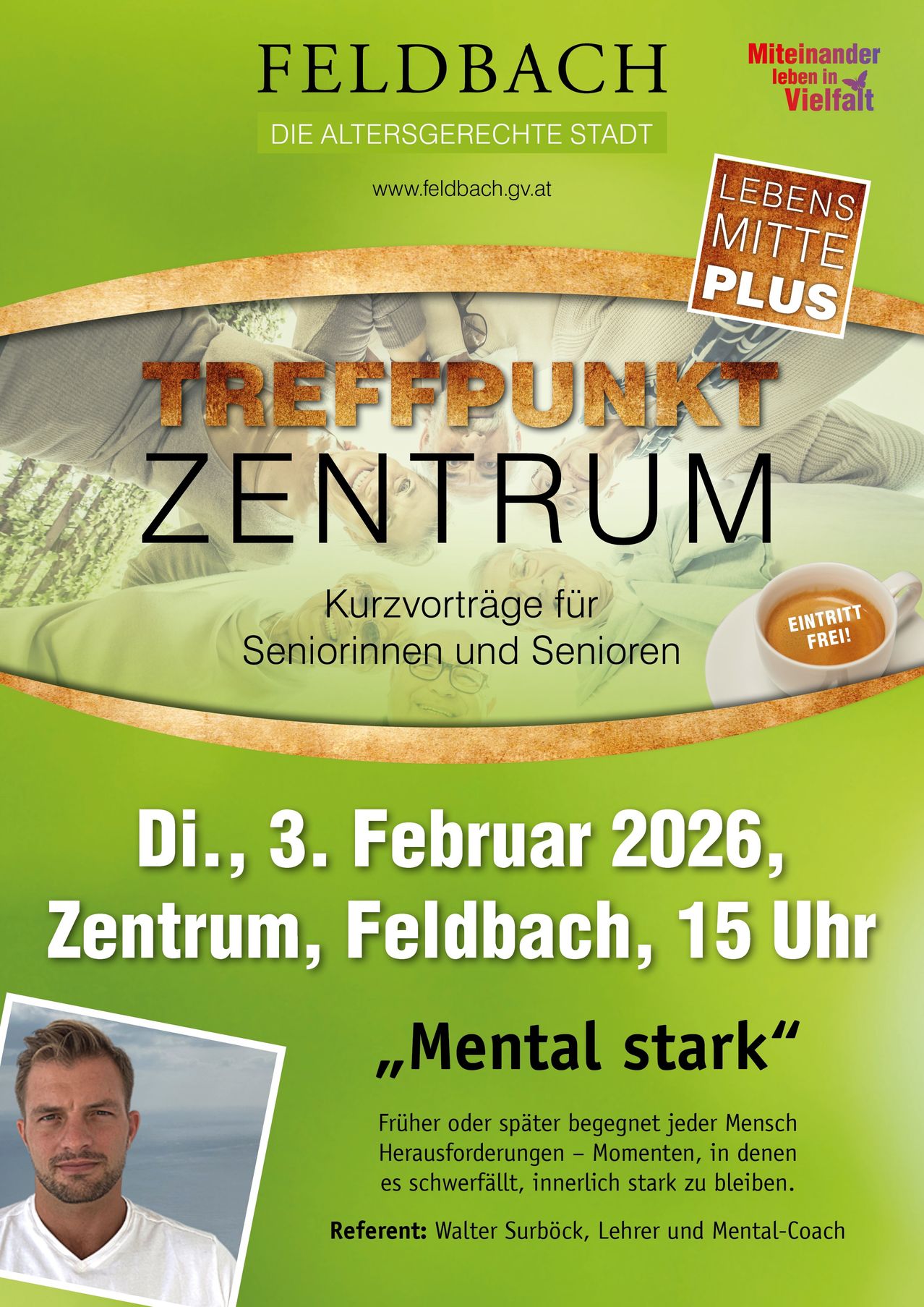 Plakat für eine Seniorenveranstaltung. Es steht 'Treffpunkt Zentrum', 'Kurzvortrage für Seniorinnen und Senioren' und das Datum ist 3. Februar 2026. Der Eintritt ist frei.