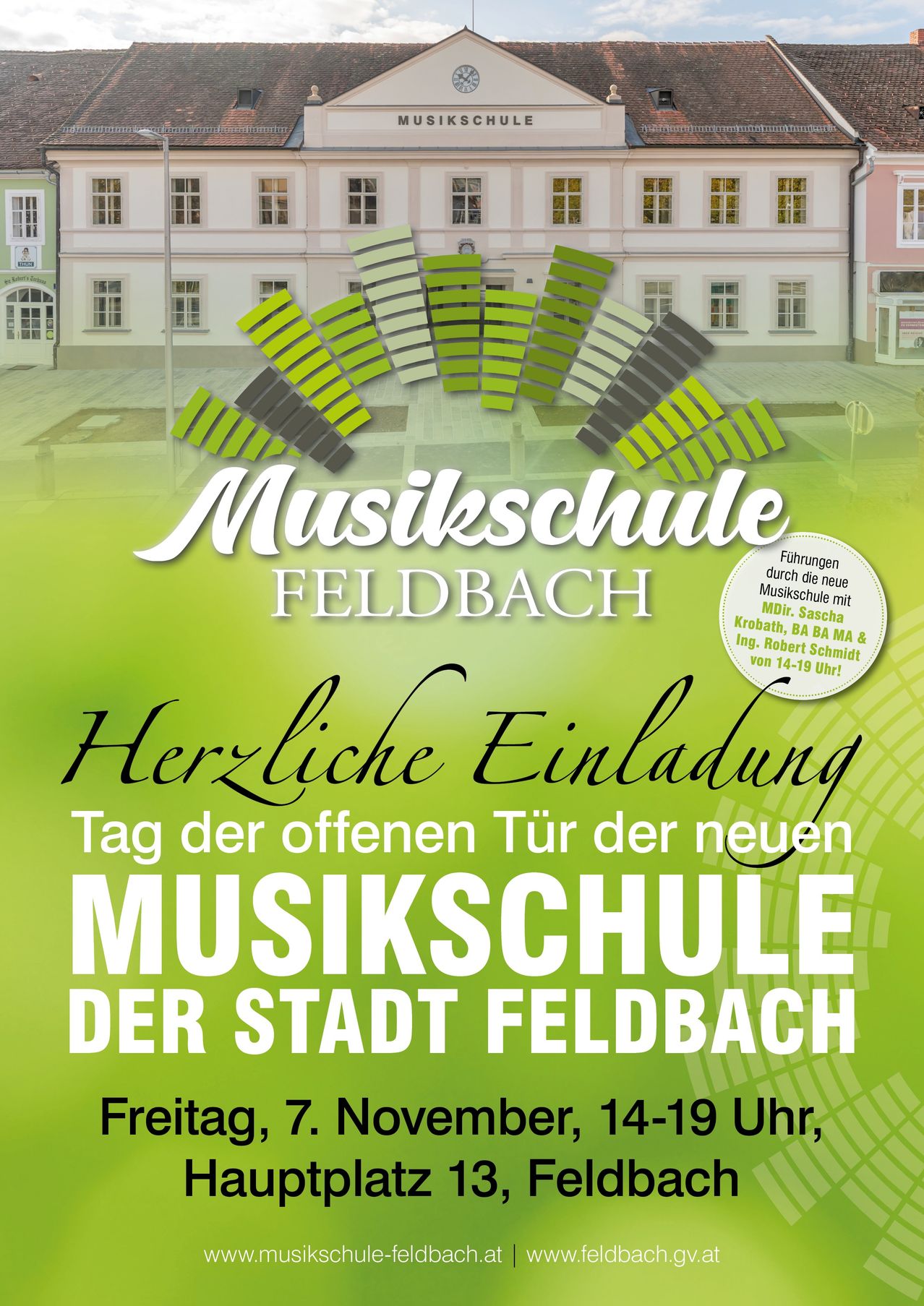 Ein Plakat für die neue Musikschule in Feldbach. Es beinhaltet einen Zeitplan für offene Türtage und Musikvorführungen.
