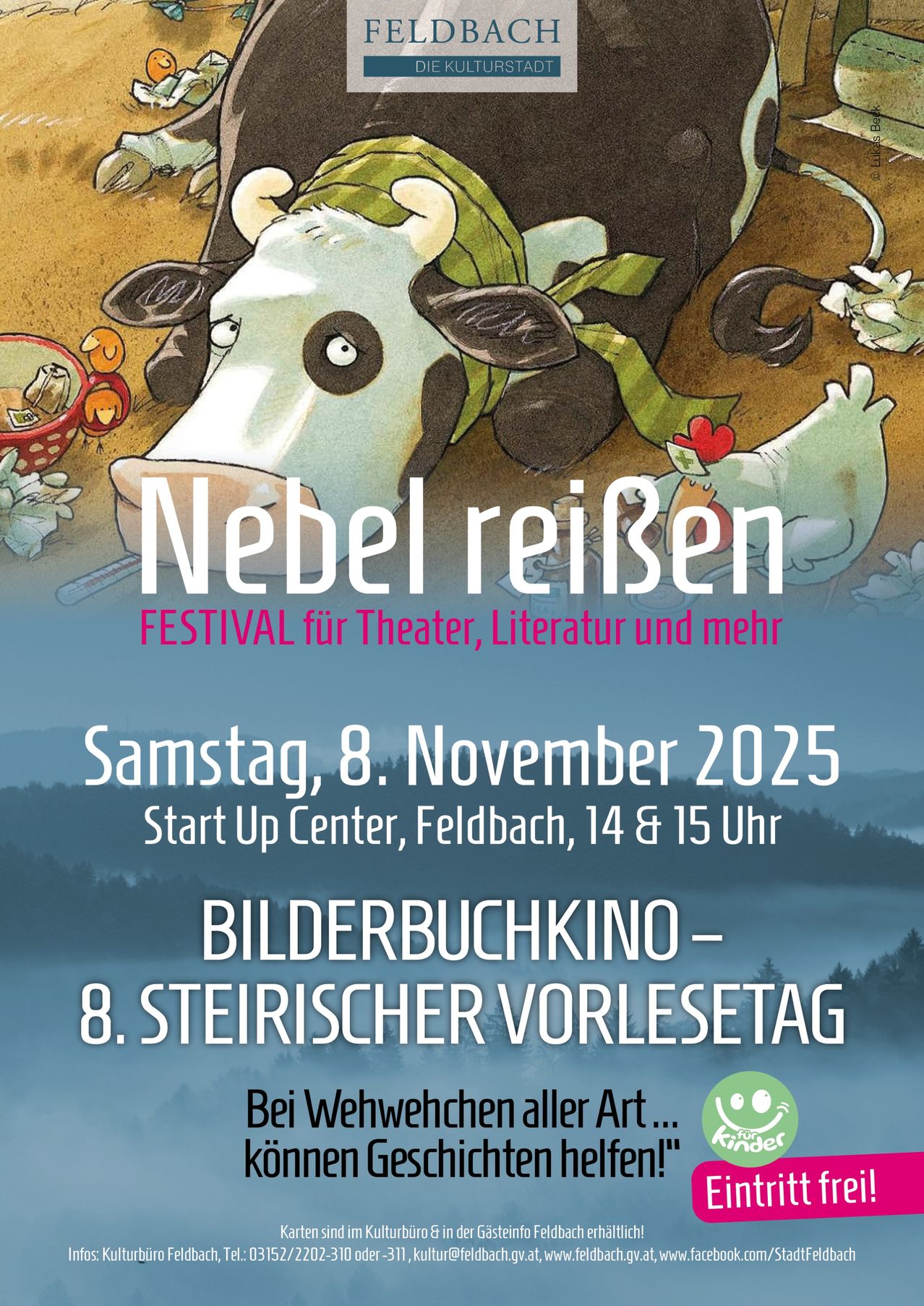 Ein Plakat für das Nebel Reisen Festival zeigt eine Kuh, ein Huhn und andere Bauernhoftiere. Das Festival umfasst Theater, Literatur und mehr. Es findet am 8. November 2025 im Start Up Center in Feldbach von 14 bis 15 Uhr statt.