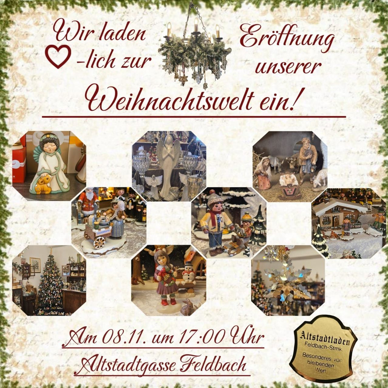 Plakat zur Eröffnung einer Weihnachtswelt. Verschiedene Weihnachtsfiguren und Szenen sind abgebildet. Datum und Uhrzeit der Veranstaltung sind 08.11. um 17:00 Uhr. Ort ist Altstadtgasse Feldbach.