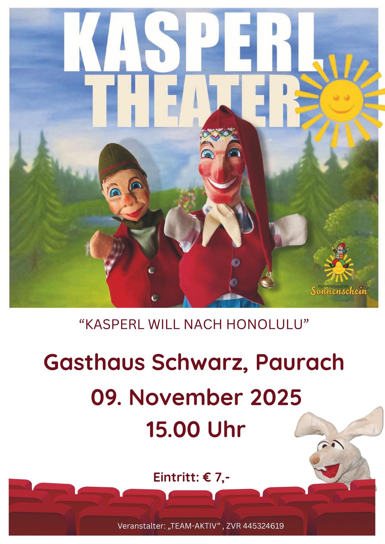 Plakat für eine Puppentheateraufführung mit dem Titel 'Kasperl Will Nach Honolulu'. Zwei Puppen sind mit grünen Mützen und roten Westen abgebildet. Das Datum ist der 9. November 2025, um 15:00 Uhr.