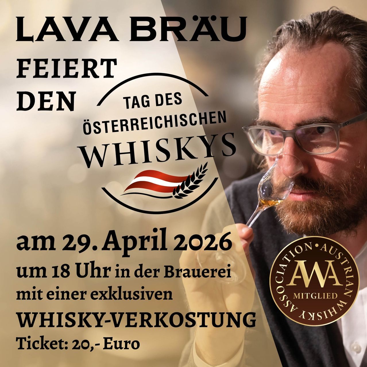 Ein Mann trinkt Whisky bei einer Veranstaltung zum Thema österreichischen Whisky. Die Veranstaltung findet am 29. April 2026 um 18 Uhr statt und bietet eine Whisky-Verkostung. Tickets kosten 20 Euro.