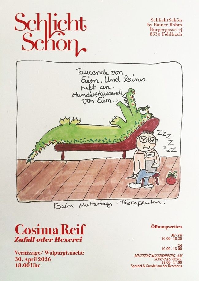 Eine Illustration zeigt einen Mann, der ein Buch liest, während ein großer Krokodil hinter ihm schläft. Der Text lautet 'Tausende von Einem. Und keines ruft an. Hunderttausende von Einem'. Unten steht 'Beim Muttertag - Therapeuten'.