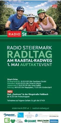 Ein Plakat für Radio Steiermark Radtag zeigt drei Personen auf Fahrrädern. Die Veranstaltung findet am 1. Mai statt. Startpunkte sind Gasthaus Strobl und Drive-In Wurm. Die Hauptveranstaltung ist in der Ringstraße in Feldbach. Eine Anmeldung ist erforderlich.
