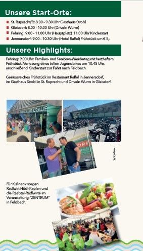 Ein Bild eines Plakats mit mehreren Orten, Öffnungszeiten und Highlights. Es enthält ein Bild von zwei Männern im Gespräch und ein Bild von Essen.