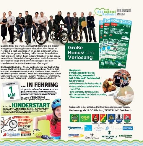 Ein Flyer für eine Fahrradveranstaltung mit einer Gruppe von Radfahrern und einer Bonuskarte. Es werden eine Startzeit, Preise und ein Ort erwähnt. Die Veranstaltung wird von mehreren Unternehmen gesponsert.