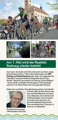 Eine Werbung für eine Radveranstaltung mit Radfahrern in einer Stadt. Ein Mann mit Brille lächelt auf einem Bild. Die Veranstaltung ist am 1. Mai und beinhaltet Preise wie ein Fahrrad, ein Wochenende, eine Gewerkschaftsmitgliedschaft, eine Mineralwasserquelle und eine Bonuskarte für die Thermenregion.
