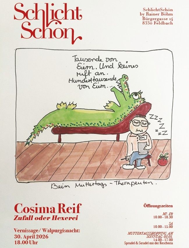 Ein Plakat zeigt eine Zeichnung eines Krokodils, das auf einer Bank liegt, während ein Junge ein Buch liest. Oben steht 'Cosima Reif Zufall oder Hexerei'.