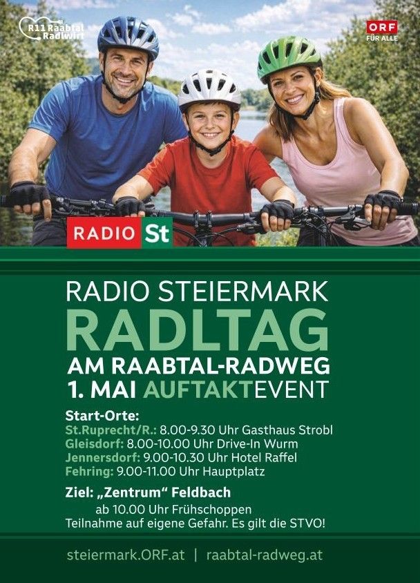 Fahrradevent für die ganze Familie von Radio Steiermark. Start an verschiedenen Orten am 1. Mai. Veranstaltung mit Frühstück, Frühstücks-Drive-in und Mittagessen. Beginn um 8 Uhr. Helme an!