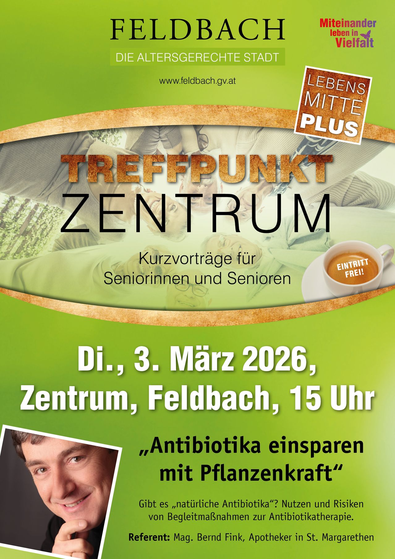 Plakat für Kurzvorträge für Senioren am 3. März 2026 um 15 Uhr in Zentrum, Feldbach. Es betont die Einsparung von Antibiotika mit Pflanzenkraft.