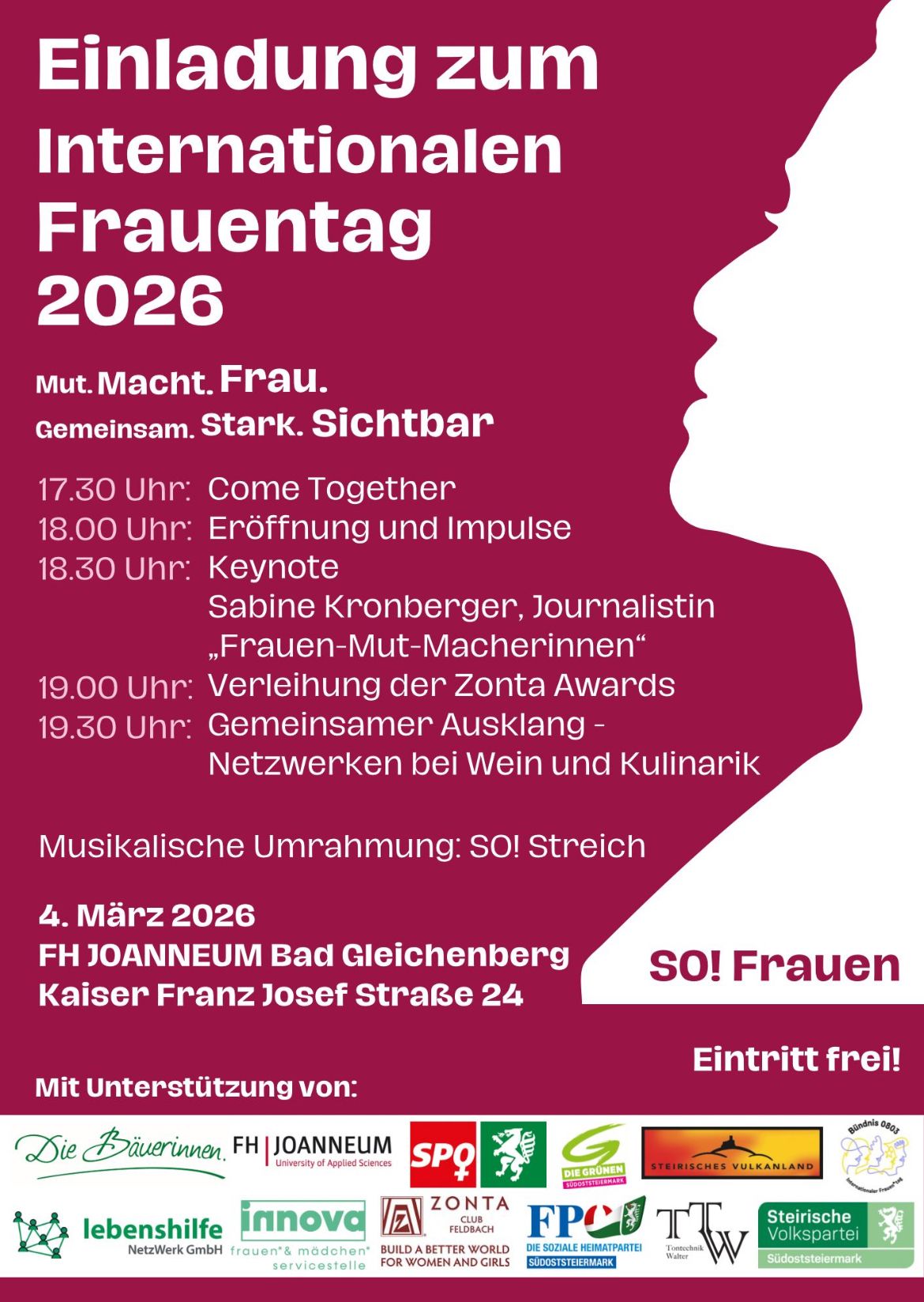 Plakat für den Frauentag 2026. Geplante Veranstaltungen sind 'Come Together' um 17:30, 'Eröffnung und Impuls' um 18:00 und ein Keynote von Sabine Kronberger um 18:30. Die Veranstaltung beinhaltet Zonta Awards um 19:00 und endet mit Networking um 19:30.