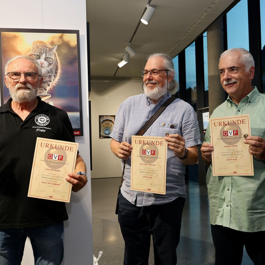 Drei Männer stehen in einem Ausstellungsraum und halten jeweils ein Zertifikat in der Hand. Der Mann auf der linken Seite trägt ein schwarzes T-Shirt, während die anderen helle Hemden tragen. Sie lächeln und der Hintergrund zeigt ein großes gerahmtes Foto einer Katze.