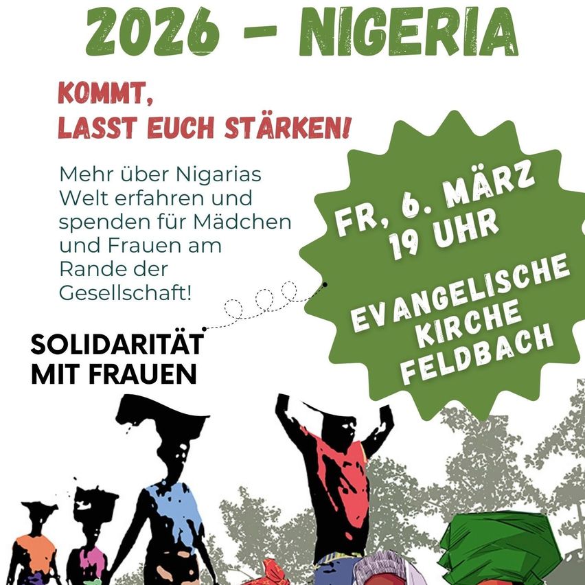 Poster for an event in March 2026 in Nigeria. It features silhouettes of people in traditional clothing and a green leaf. The text is in German and English.