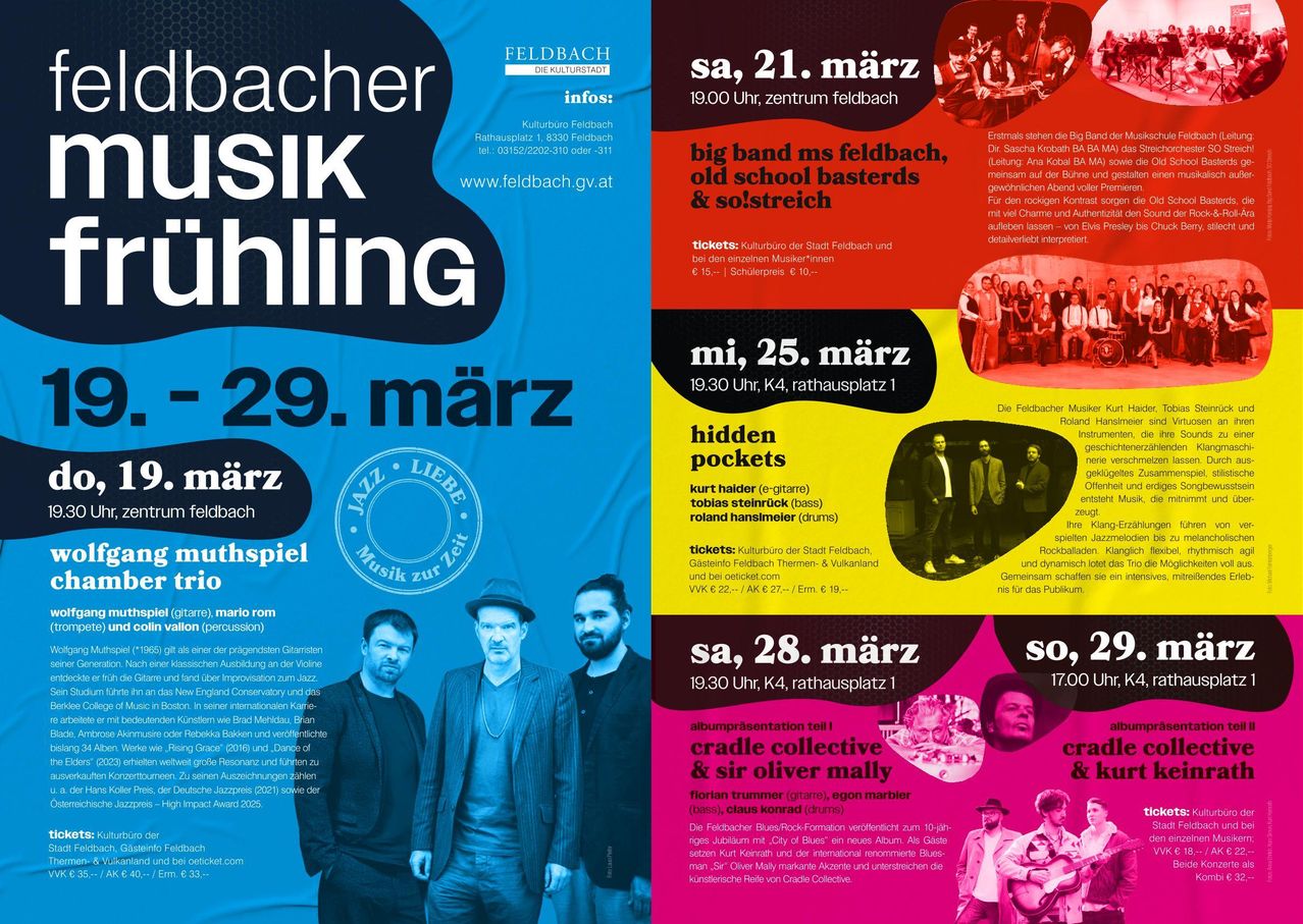 Music event in Feldbach, featuring musicians and bands. Dates are from March 21 to March 28. Includes details of bands and ticket information.