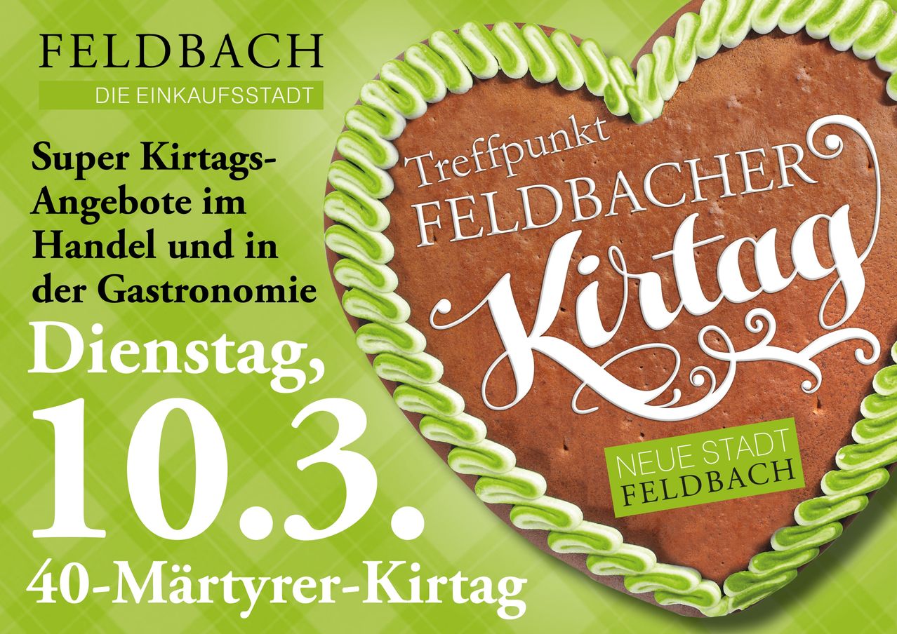 An advertisement for the Feldbach shopping day, featuring a heart-shaped cookie with the text 'Martyr's Day'. The cookie is on a green background with 'Treffpunkt Feldbach' written on it. The event is on March 3rd.