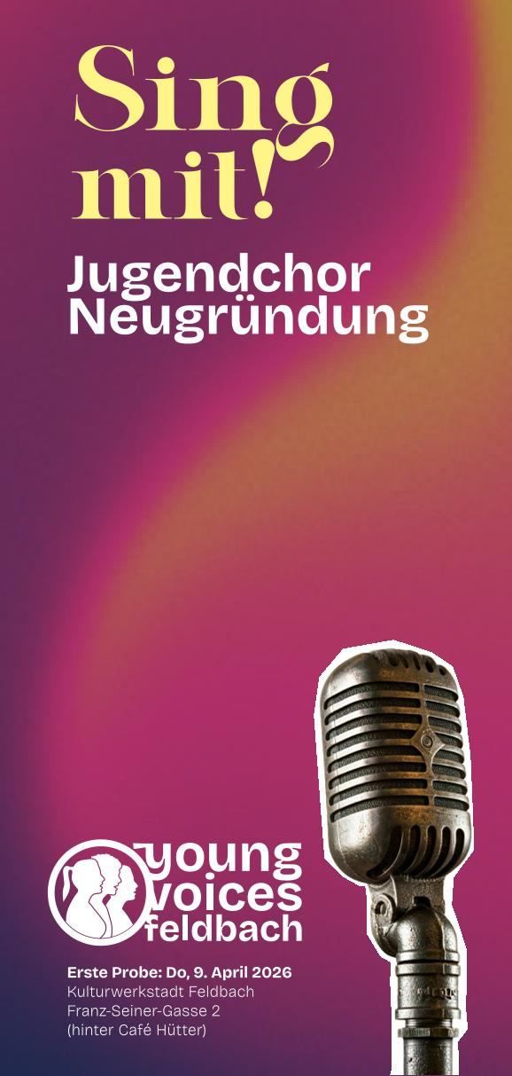 Ein Poster mit dem Text Jugendchor Neugrundung mit einem Mikrofon im Vordergrund auf einem rosa und lila Hintergrund.