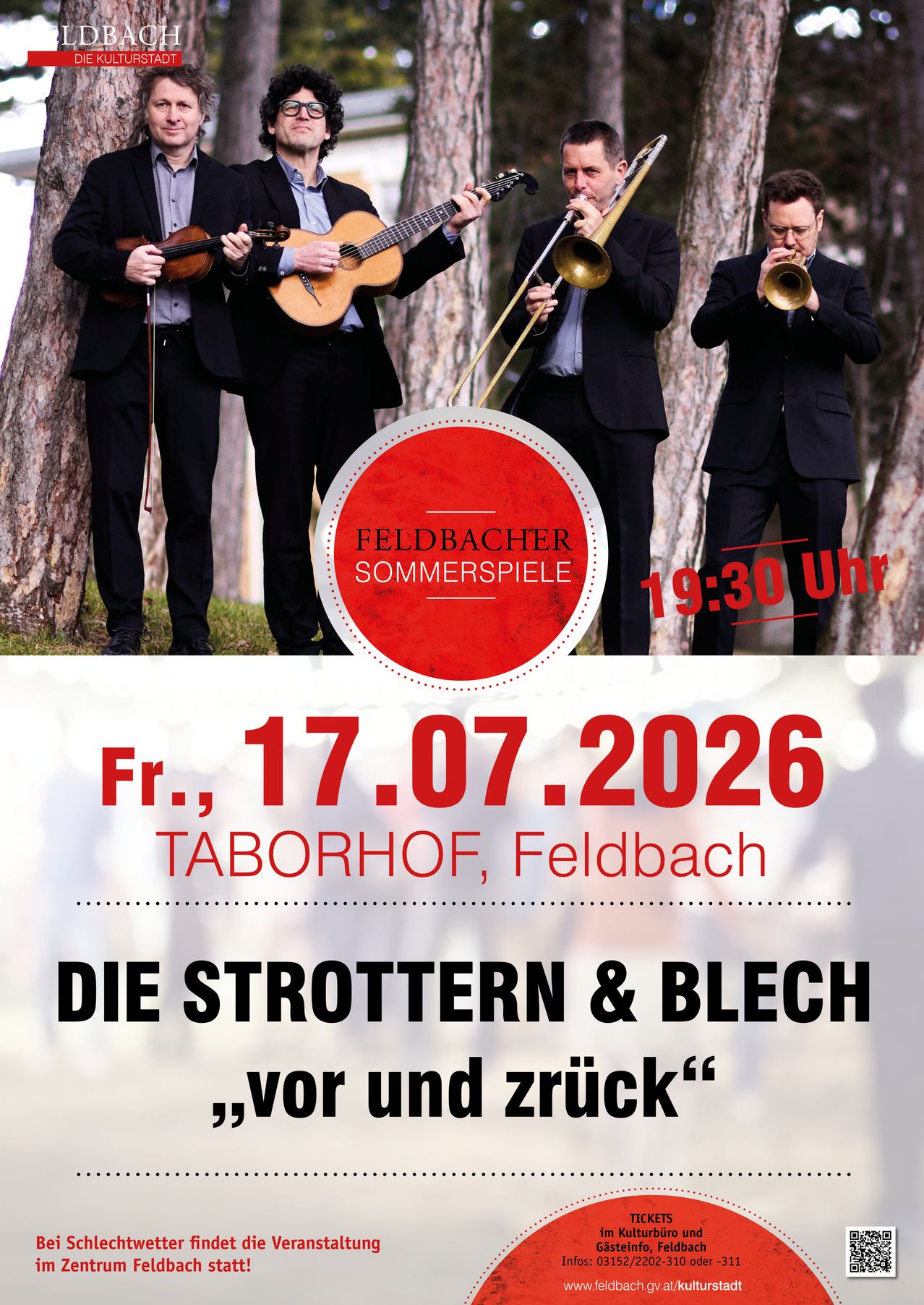 A poster for Feldbacher Sommerspiele featuring four musicians in suits playing instruments, with a red circle highlighting the event details.
