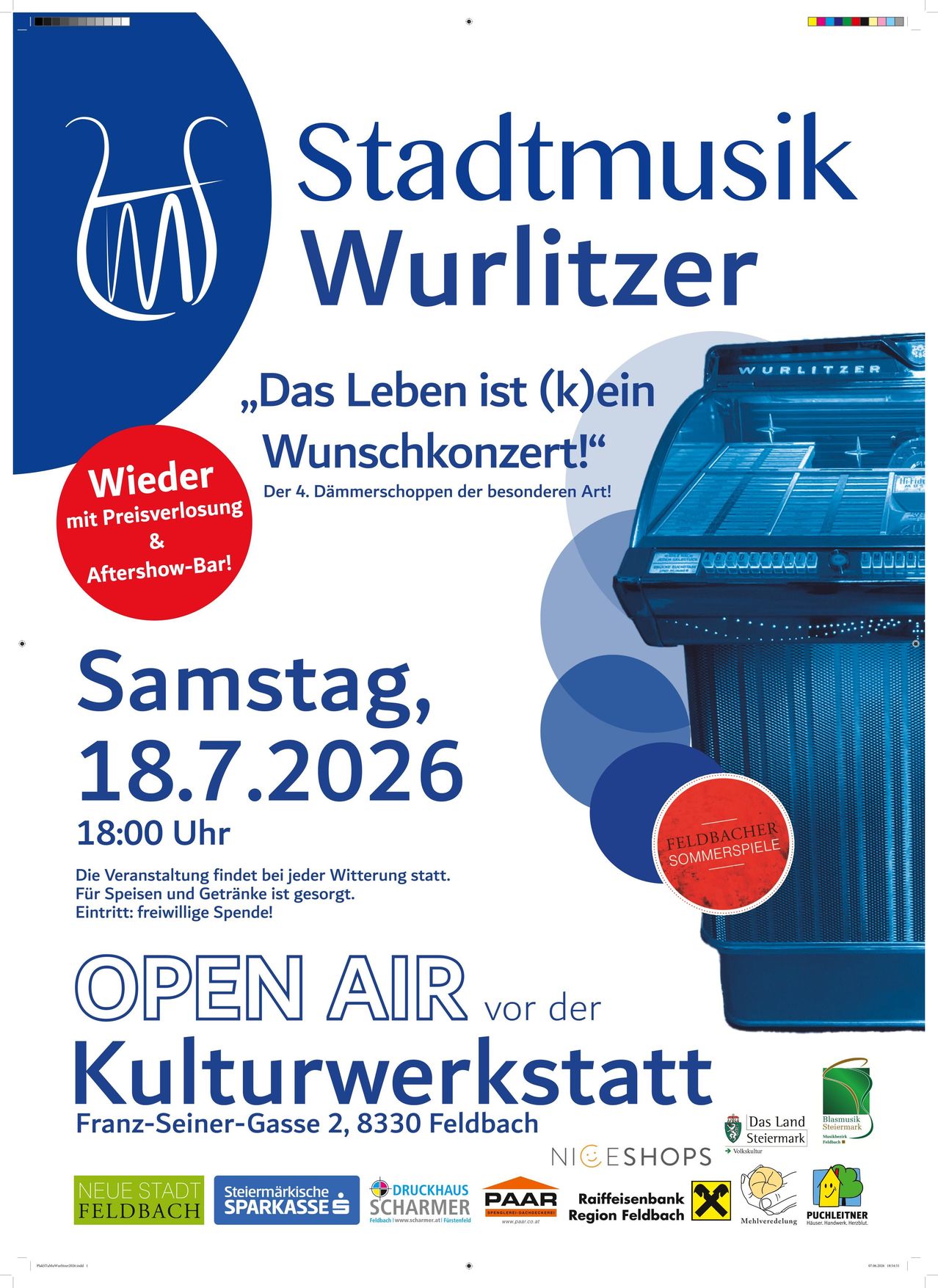 Poster for a Wurlitzer organ concert event on July 18, 2026, featuring a blue Wurlitzer organ, a red circle with a raffle announcement, and a blue background.