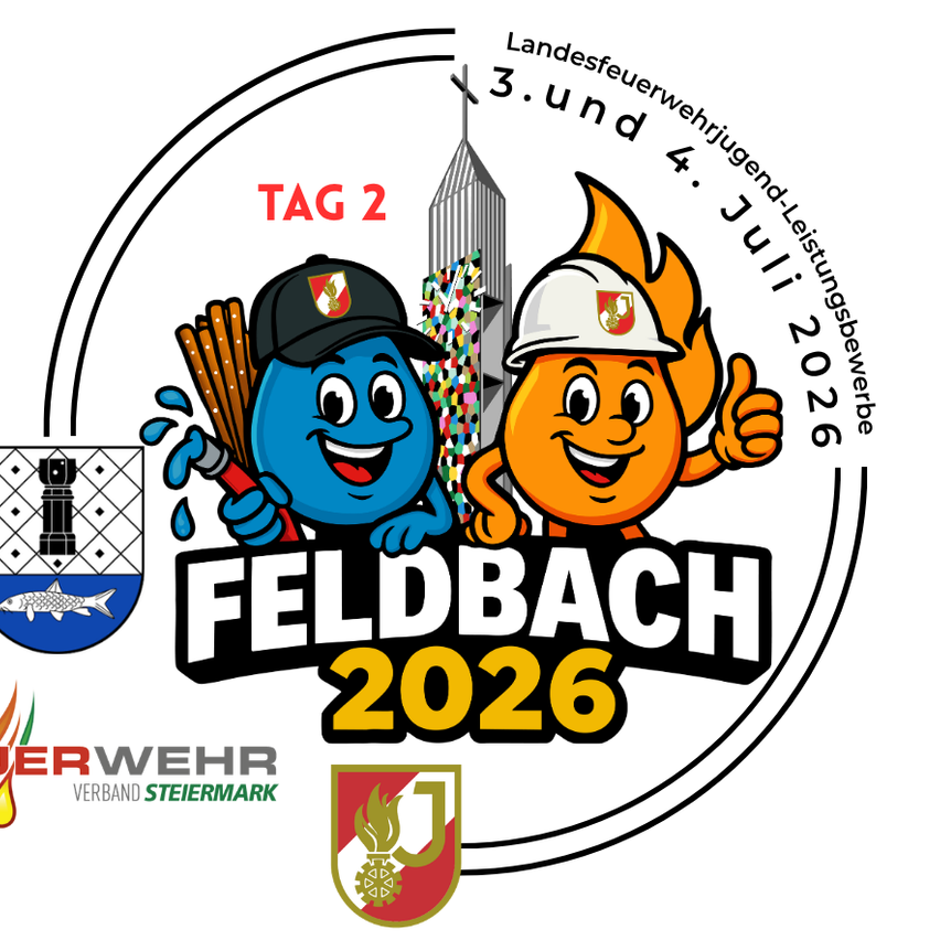 An illustration for the 2026 Feldbach event, featuring two mascots, one holding a hose and the other giving a thumbs up, with the event date and sponsors' logos.