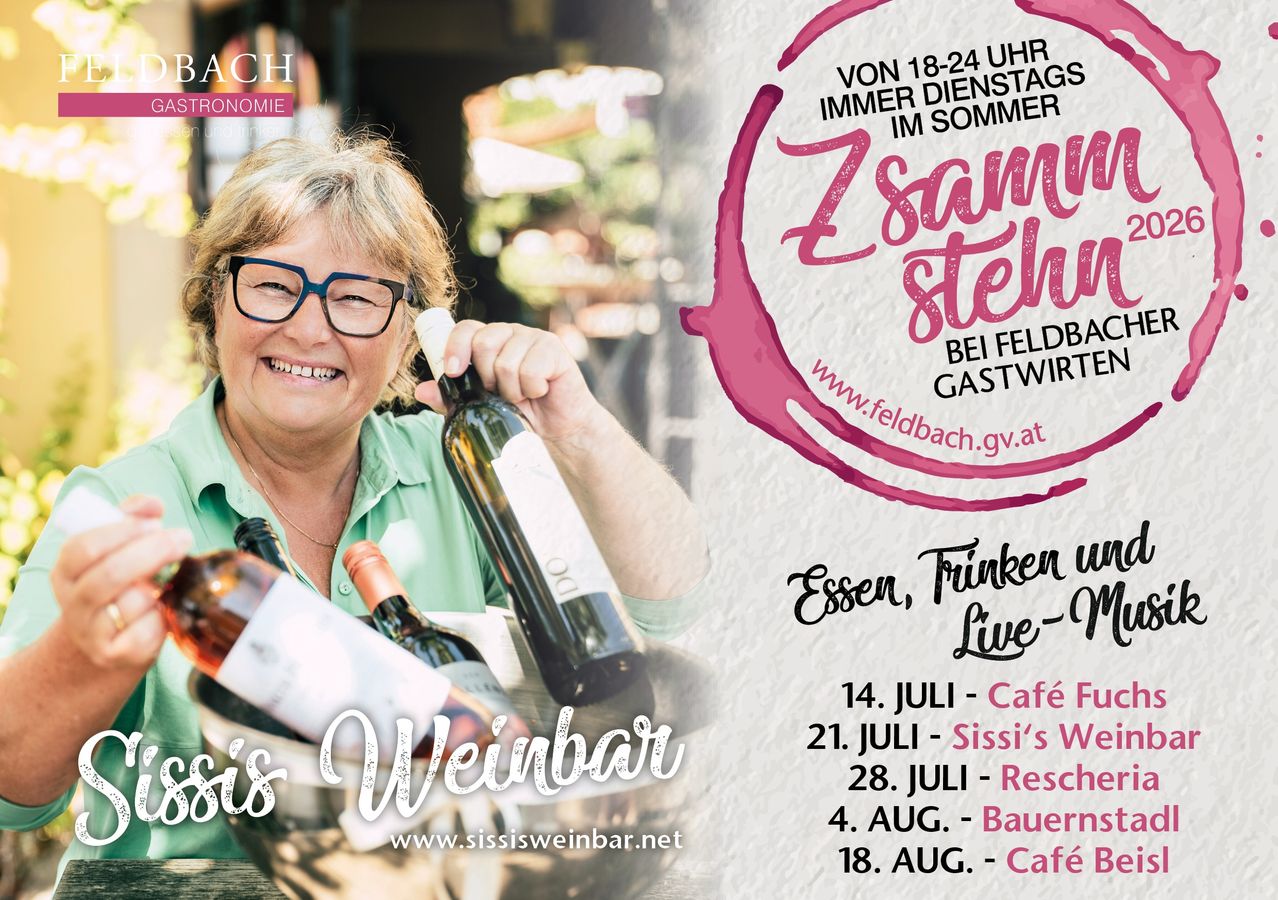 A smiling woman holds a bottle of wine in a wine bar, with several other bottles in a bucket. The image is an advertisement for a wine bar with dates and locations listed.