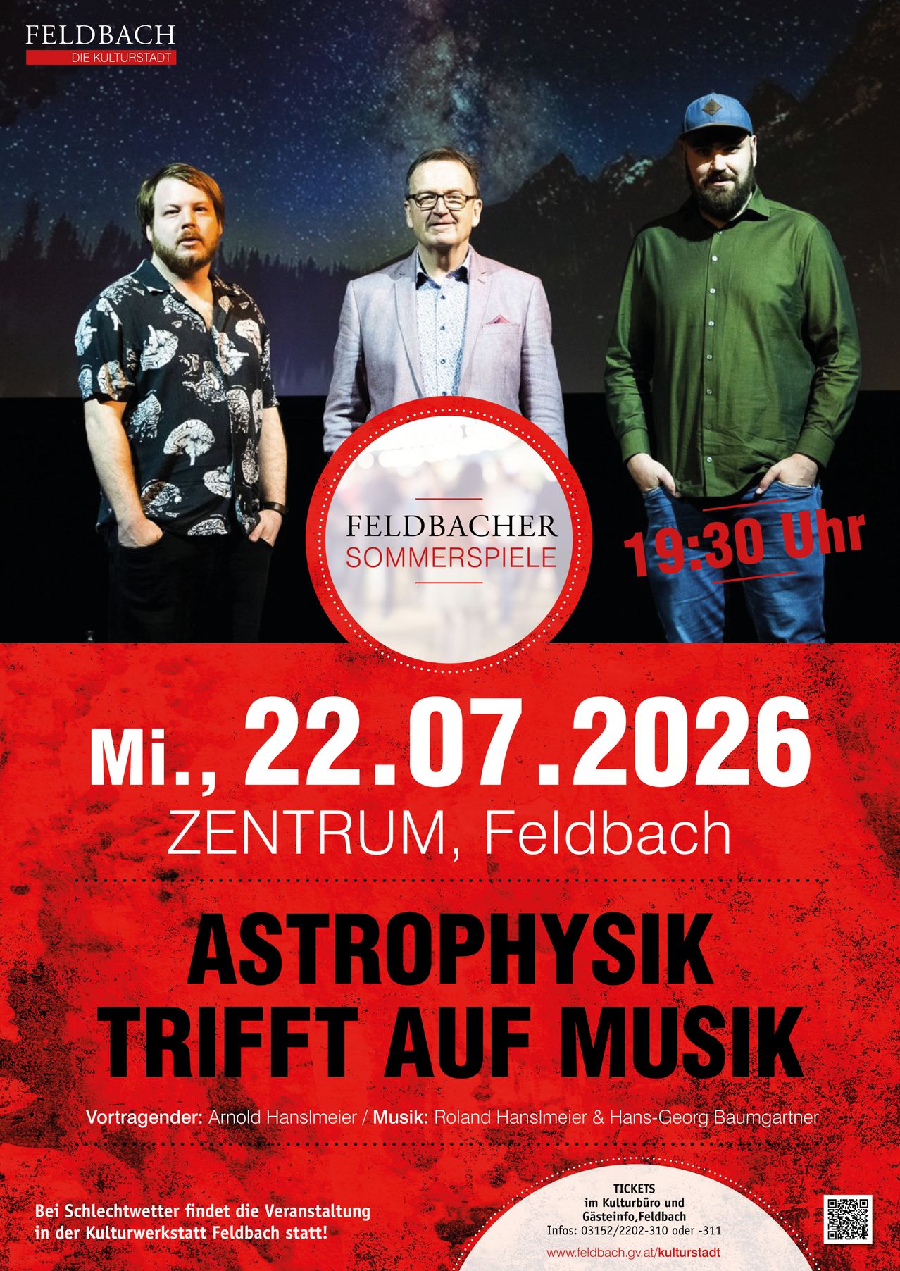 Poster for Feldbacher Sommerspiele event featuring three men in front of a blurred background with a red circle highlighting the event details. The date is Wednesday, July 22, 2026.
