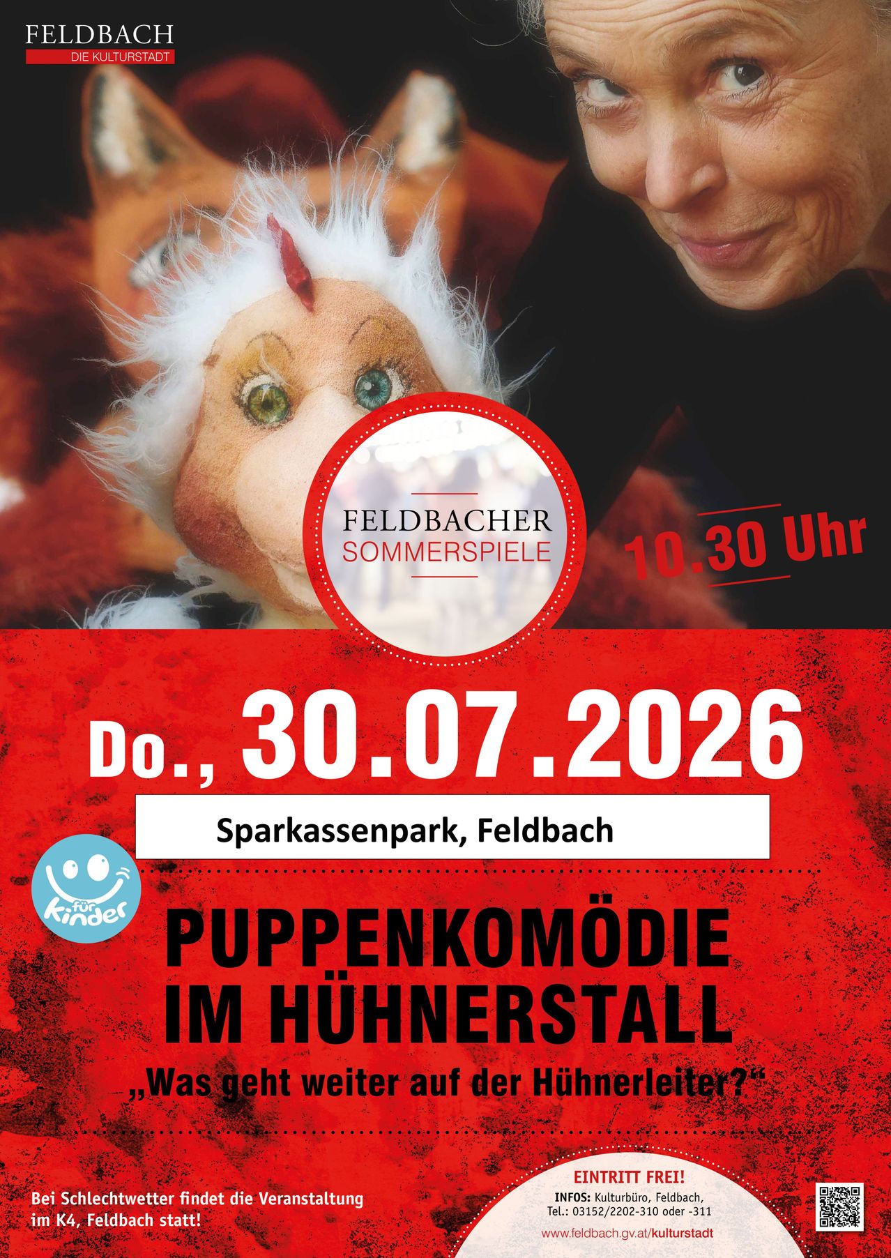 Plakat für Feldbacher Sommerspiele-Veranstaltung mit einer Puppe mit rotem Horn, geplant für den 30. Juli 2026 im Sparkassenpark, Feldbach. Das Plakat hat einen roten Hintergrund und enthält ein Logo.