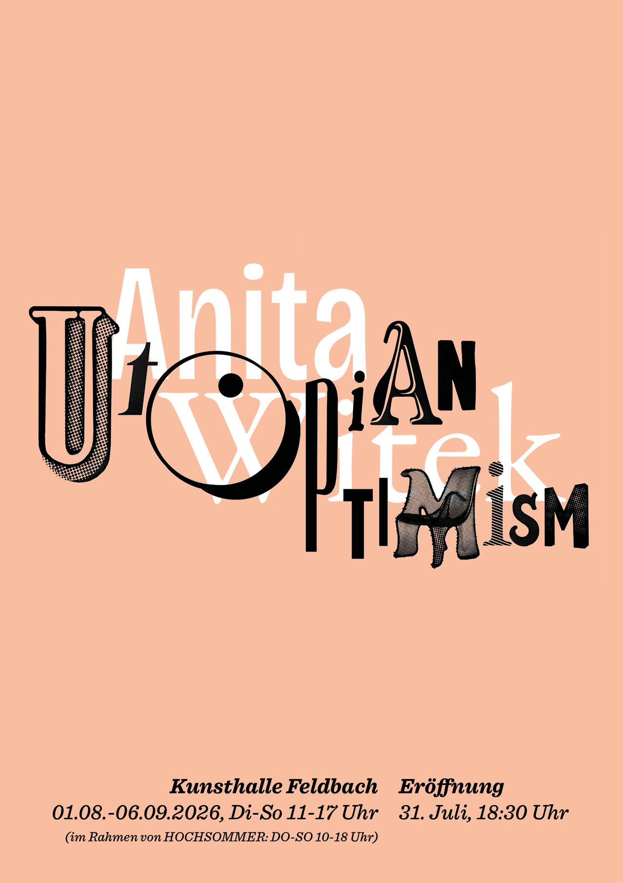 Auf einem rosa Hintergrund ist ein fettgedrucktes, stilisiertes Textdesign zu sehen, das 'Anita W. Optik' mit einer Lupe und dem Wort 'AN' zeigt. Darunter steht das Wort 'Optimismus' in einer kleineren, strukturierten Schrift.