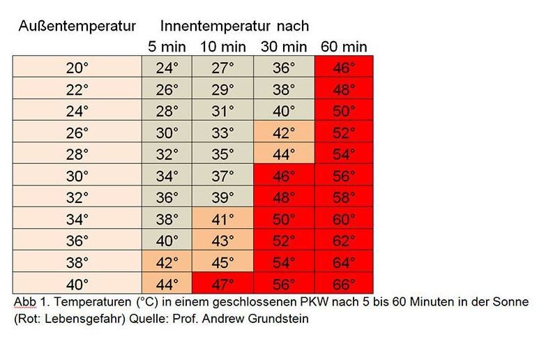 Eine Tabelle, die Außentemperaturen und entsprechende Innentemperaturen in einem geschlossenen Auto nach 5, 10, 30 und 60 Minuten in der Sonne zeigt.