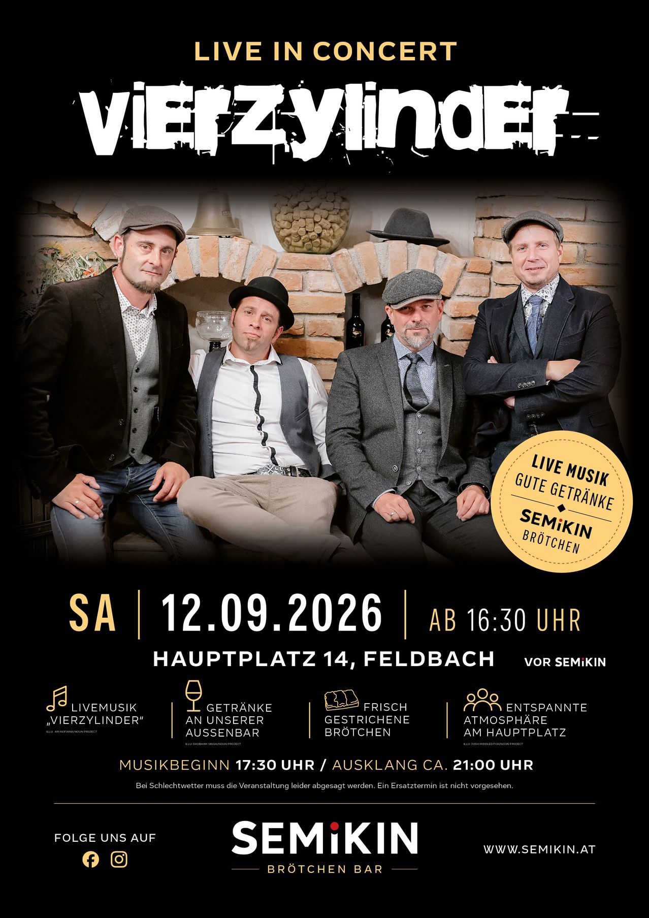 Plakat für ein Live-Musik-Event mit Vierzylinder, geplant für den 12. September 2026 um 16:30 Uhr auf dem Hauptplatz in Feldbach. Das Event verspricht Live-Musik, Getränke und eine entspannte Atmosphäre.