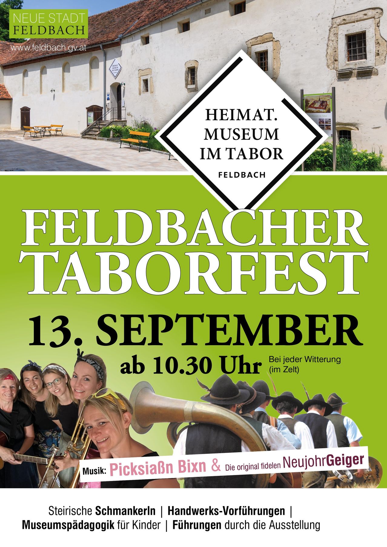Plakat für das Feldbacher Taborfest-Event mit einer Gruppe lächelnder Menschen mit Musikinstrumenten und einem Gebäude im Hintergrund. Das Event ist für den 13. September um 10:30 Uhr geplant.