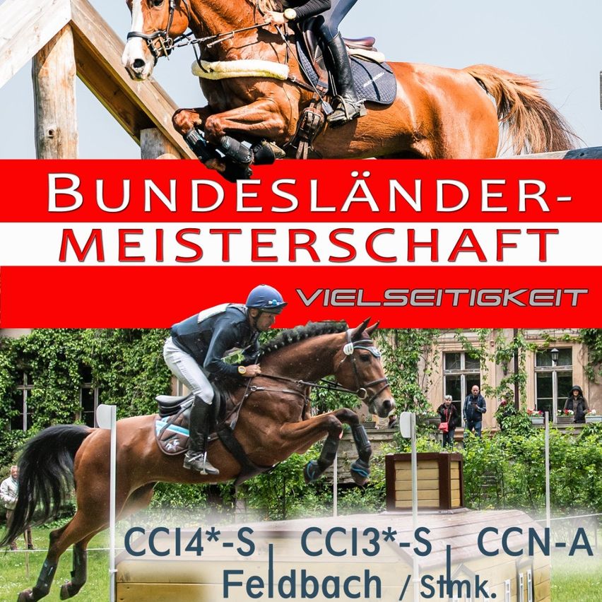Two equestrians compete in a Bundeslander-Meisterschaft event, riding horses over obstacles. One rider is airborne, while the other is mid-jump. The background features a building and greenery.