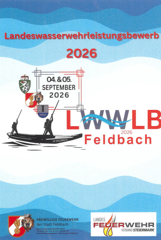 Poster for the 2026 Landeswasserwehrleistungsbewerb in Feldbach, featuring a boat with two figures rowing, set against a blue wave background. The date is September 4th and 5th, 2026.