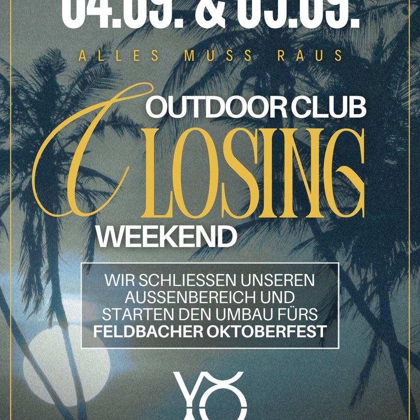 Poster for Outdoor Club Losing Weekend on September 4th and 5th. It features palm trees and a sunset in the background. The text is in yellow and white.
