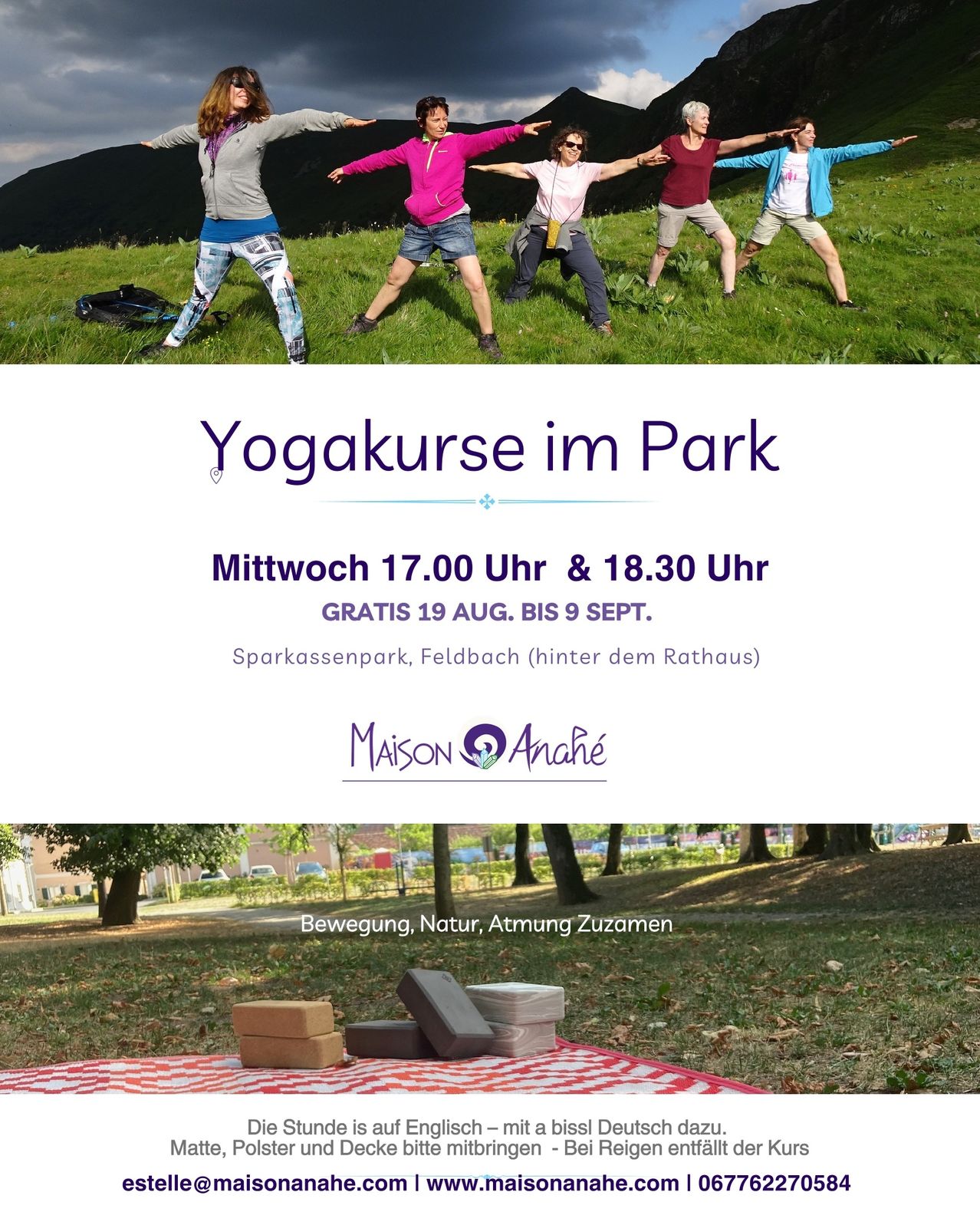 Ein Plakat für Yogakurse im Park mit fünf Frauen, die Yoga-Posen auf einer Wiese praktizieren. Das Plakat enthält Details zum Zeitplan und Ort.