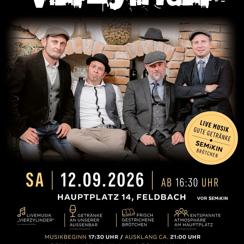 Plakat für ein Live-Musik-Event mit vier Männern in Anzügen und Hüten. Das Event findet am 12. September 2026 um 16:30 in Feldbach statt. Es verspricht Live-Musik, Getränke und eine entspannte Atmosphäre.