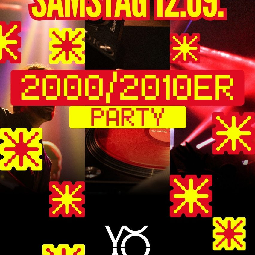 Ein farbenfrohes Plakat für eine Party am Samstag, den 12. September, mit einem DJ, einer Plattenspieler und einem roten Hintergrund mit gelben Sternen.
