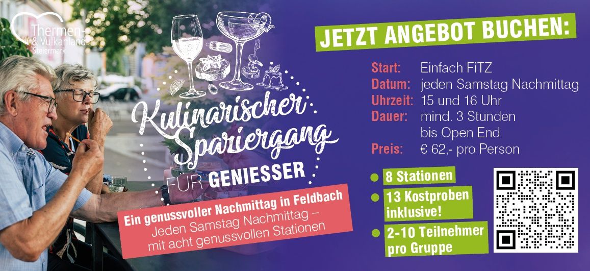 Plakat für eine kulinarische Verkostung in Feldbach, mit Weinläsern, Essen und einer malerischen Kulisse. Die Veranstaltung beginnt um 15 Uhr, dauert bis zum Ende und kostet 62 Euro pro Person.